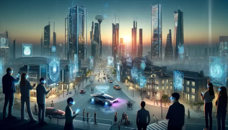 città futuristica con grattacieli e schermi digitali, persone con visori di realtà aumentata