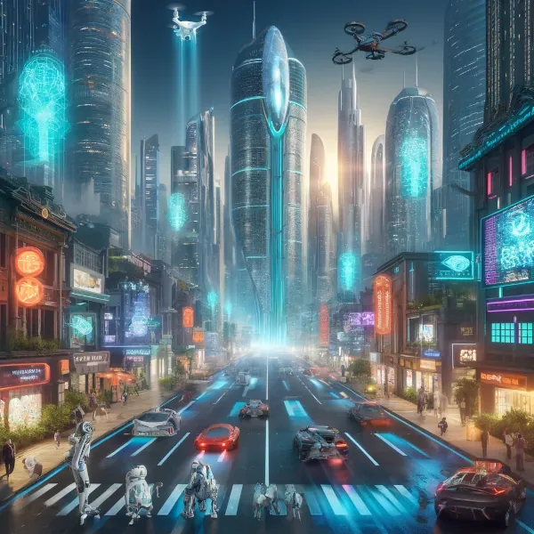 città futuristica, un drone che vola e macchine futuristiche. Robot che attraversano la strada